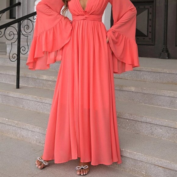 Watermelon Boho Womens Plunging Neck Flounce Sleeve Split Thigh Chiffon Dress - Picture 5 of 5